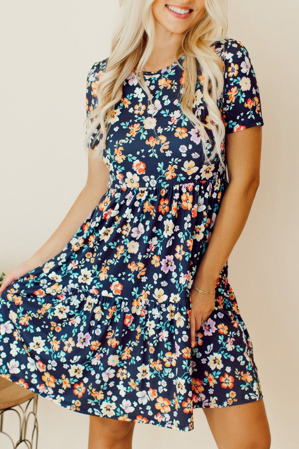 Blue Short Sleeve Floral Dress