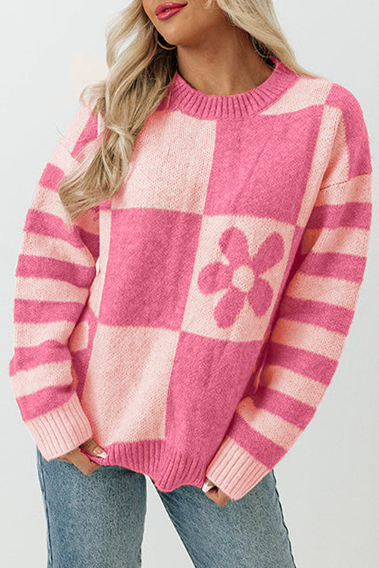 Checkerboard Pink Flower Spring Sweater